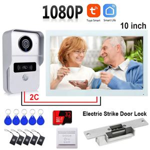 2 와이어 Wifi 인터콤 도어 벨 비디오 인터콤 시스템 홈 도어 폰 Tuya APP 1080P 터치 모니터 (전기 스트라이크 잠금 장치 포함)