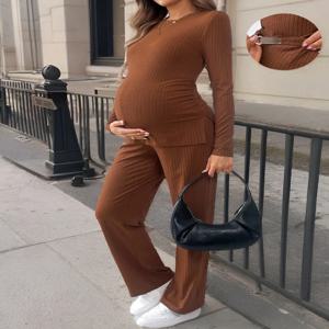 임산부를 위한 다크브라운 캐주얼 대형 라운드넥 긴팔 9인치 팬츠 투피스 세트