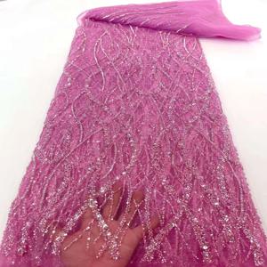 도매 럭셔리 아프리카 레이스 패브릭 핑크 페르시 프렌치 메쉬 새로운 아프리카 직물 2025 스팽글 Tulle 레이스 직물 봉제 용