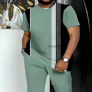 2025 뉴 여름 남성 정장 스트라이프 인쇄 짧은 소매 스포츠 정장 캐주얼 패션 대형 T 셔츠 긴 바지 2 Pcs