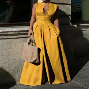 UOOZEE 여름 민소매 점프 슈트 여성 솔리드 컬러 v 넥 지퍼 루즈 포켓 하이 웨이스트 와이드 레그 원피스 의상 2025 신규