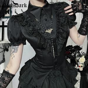 고스 다크 카와이 블랙 반팔 버튼 셔츠 레이스업 블라우스 몰 고딕 슬림 라펠 칼라 스트라이프 셔츠 여성 알트 테크웨어