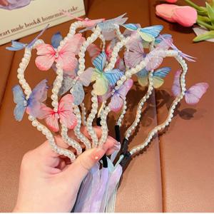 나비 머리띠 어린이 스 트리머 헤어 후프 아기 귀여운 공주 여성 귀여운 진주 헤어 밴드 마무리 머리핀 헤어 액세서리