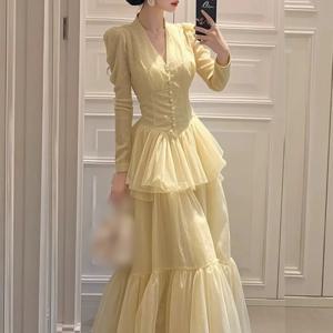 맞춤형 패션 클래식 오간자 버튼 플리츠 A라인 V넥 롱 드레스 맞춤형 행사 사이즈 이용 가능