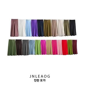 JNLEAOG 가을 신상 여성 실크 새틴 미디 스커트 프렌치 스타일 퓨어 컬러 캐주얼 A라인 스커트 하이웨이스트 간편 가공