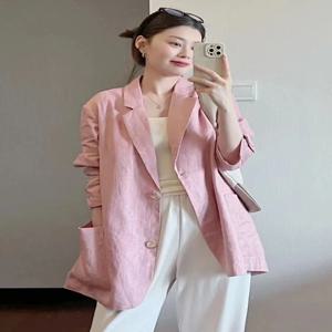 코튼 린넨 수트 재킷 여성 여름 신상 한국 디자인 캐주얼 루즈핏 긴팔 상의 출퇴근 스타일 얇은 싱글 버튼