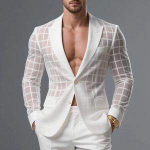 잘생긴 새로운 남성 탑 2025 시스루 체크 무늬 정장 코트 세련된 남성 핫 판매 긴 소매 싱글 브레스트 블레이저