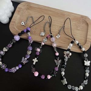 귀여운 나비 크리스탈 폰 끈 DIY 비즈 참 아이폰 에어팟 분실 방지 로프 키체인 펜던트