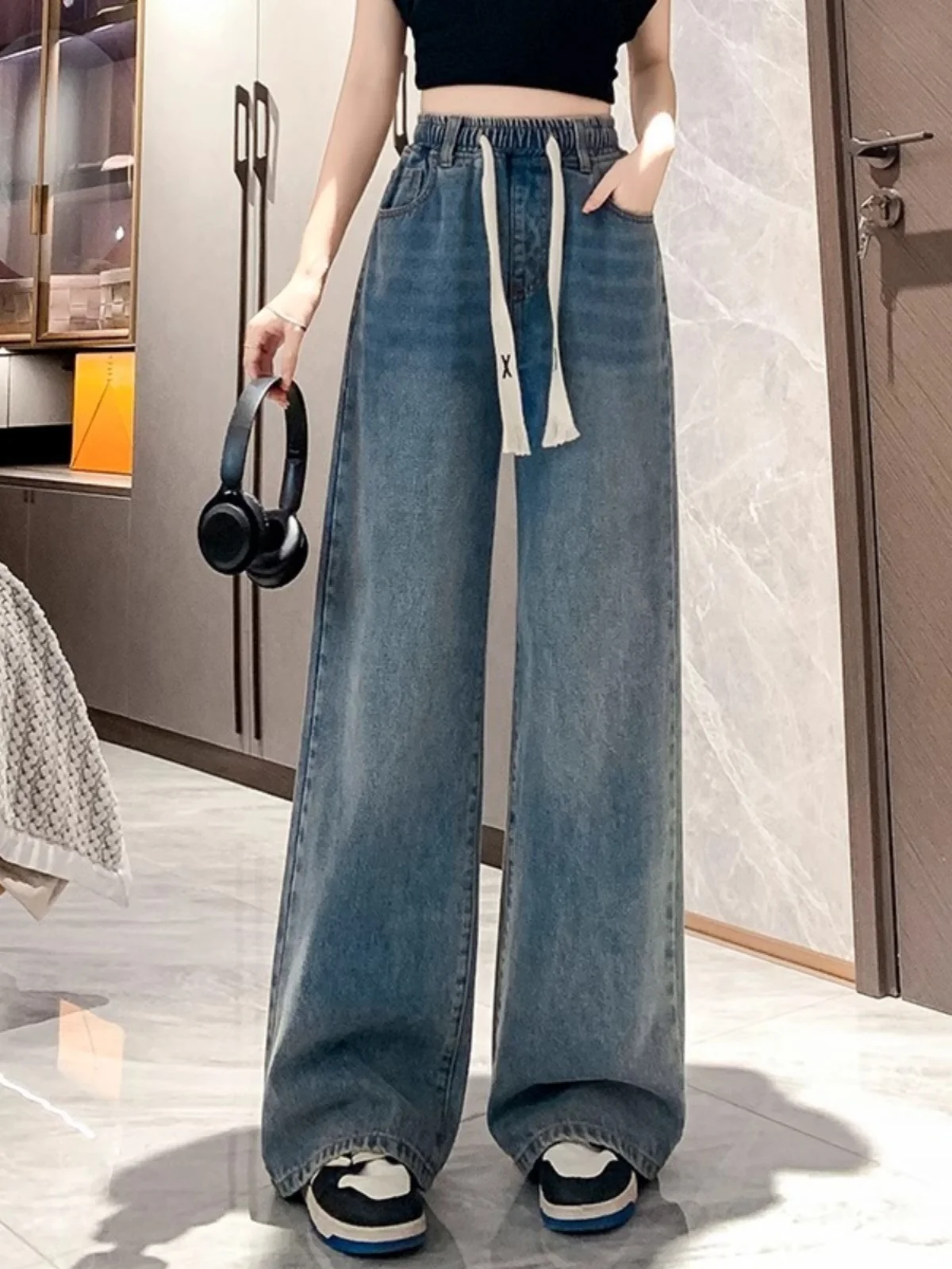 하이웨이스트 와이드 레그 진 여성 캐주얼 스타일 플러스 사이즈 다용도 블루 데님 팬츠 봄 시즌 패션 플러스 사이즈 MM