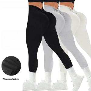 V백 하이웨이스트 요가 레깅스 여성용 심리스 니트 타이즈 속건 힙업 패션 슬림 하이엘라스틱 레깅스