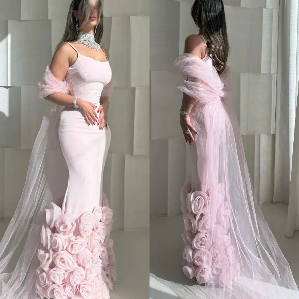 맞춤형 패션 저지 플리츠 플라워 인어 스파게티 스트랩 롱 드레스 맞춤형 행사 연예인 중국 스타일