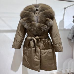 2025 겨울 패션 여성 롱 코트 화이트 구스 다운 재킷 천연 리얼 폭스 퍼 슈트 칼라 고급 두꺼운 따뜻한 재킷