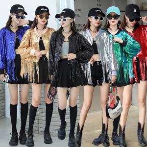 반짝이는 프린지 재킷 여성용 반사 시퀸 탑 짧은 봄 가을 트렌디 무대 의상 여성 패셔너블 태슬 코트