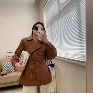 2025 신상 웨스턴 스타일 레이스업 여성 가죽 재킷 (봄/가을 허리 조절 가능, 루즈핏 윈드브레이커)