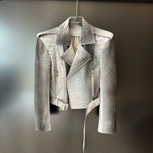 여성용 코트 봄 2025 신상 패션 천연 가죽 재킷 인조 악어 가죽 질감 모터사이클 스타일