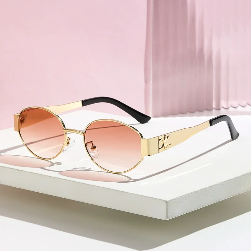 여성과 남성을위한 럭셔리 디자이너 브랜드 선글라스 타원형 금속 프레임 남여 안경 세련된 글래머 안경 레트로 골드 가장자리 타원형