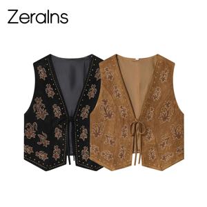 ZERAINS 가을 신상 여성 의류 유럽과 미국 스타일의 비즈 자수 스웨이드 질감 효과 조끼