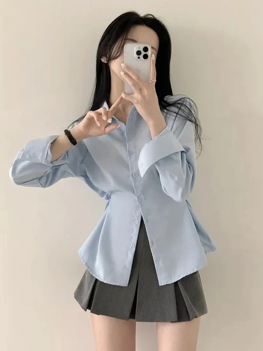 한국 스타일 여성 셔츠 주름 장식 허리 슬림핏 긴팔 폴로 칼라 싱글 버튼 봄 여름 가을 패션 디자인