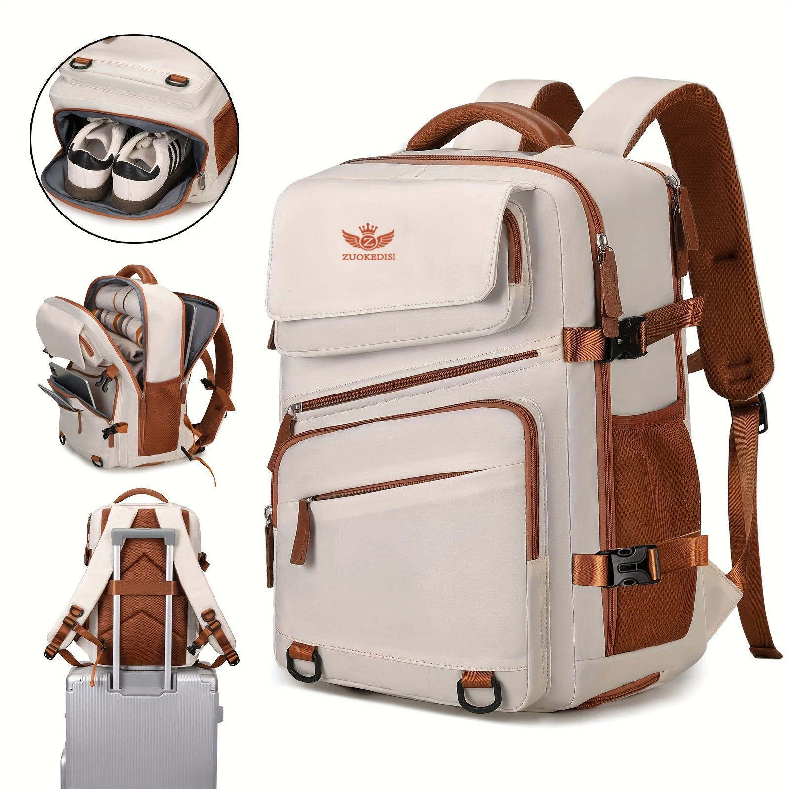 ZUOKEDISI 항공사 승인 15.6인치 노트북 여행용 백팩 (신발 수납공간 및 수하물 스트랩 포함), 하이킹 백팩