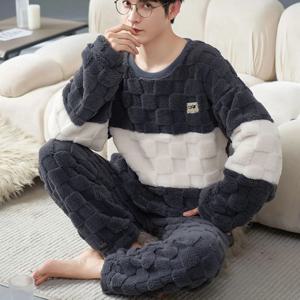 남성용 겨울 홈웨어 두꺼운 따뜻한 플리스 2피스 파자마 세트 남성용 O넥 소프트 플란넬 상의 + 긴 바지 겨울 파자마