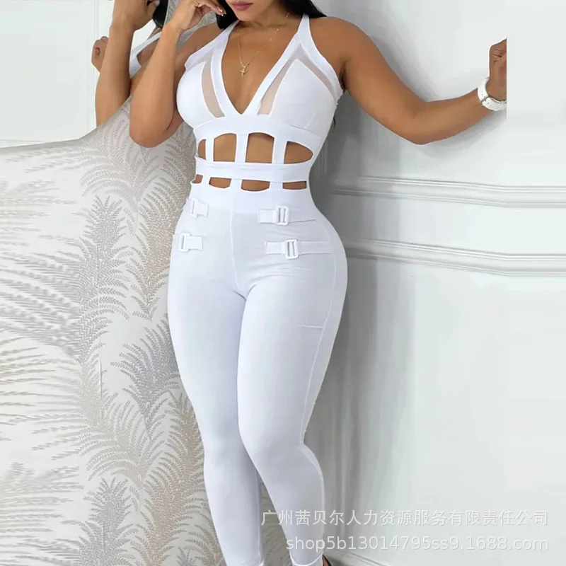 여성 점프수트 2025 여름 신상 민소매 유행 홀터넥 버클 메쉬 타이트 점프수트