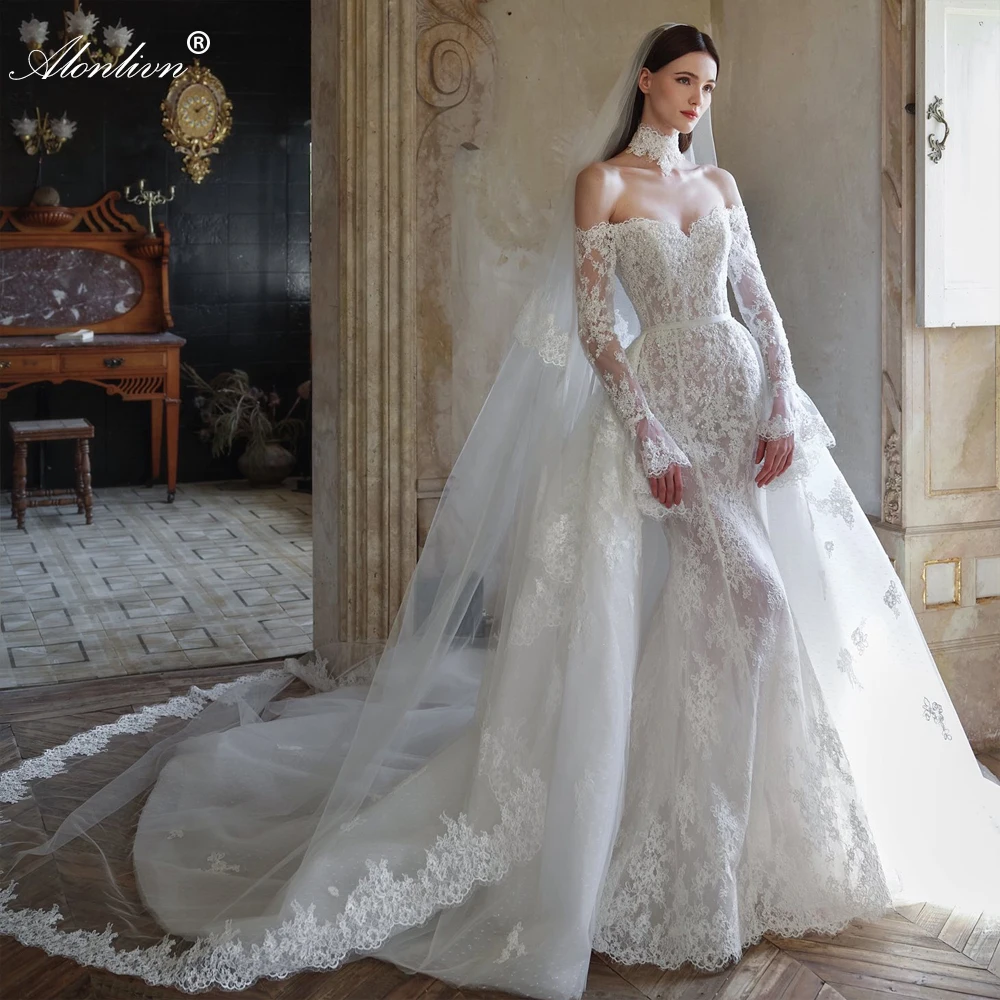 알론리븐 맞춤 제작 매혹적인 레이스 머메이드 웨딩드레스 오프숄더 긴팔 탈부착 가능한 트레인 2 in 1 신부 드레스