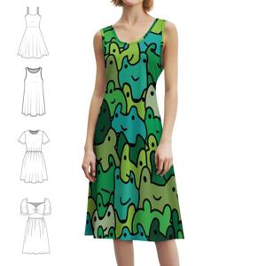 귀여운 녹색 그라데이션의 개구리 패턴 여성 스트리트웨어 파티 드레스 트렌디한 프린트 클럽 의류 여성용 패턴 개구리 Froggie