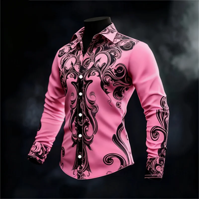 예술적인 패턴의 3D 프린팅이 적용된 새로운 남성용 캐주얼 긴팔 버튼업 셔츠, 패셔너블하고 편안한 상의