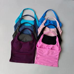 여성용 심리스 홀터넥 요가 탱크탑, 브라 내장 패드형 짐탑, 민소매 셔츠, 피트니스 백리스 운동복