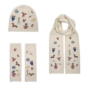 세련된 쓰리피스 세트! 따뜻한 스카프 + 플랫 캡 + 핑거리스 장갑 니트를 위한 3차원 헤비 자수 패턴