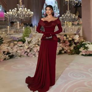 인어공주 스타일 사우디 드레스 트럼펫 롱 슬리브 오프숄더 플로어 기장 여성 이브닝 드레스 비딩 웨딩 파티 드레스