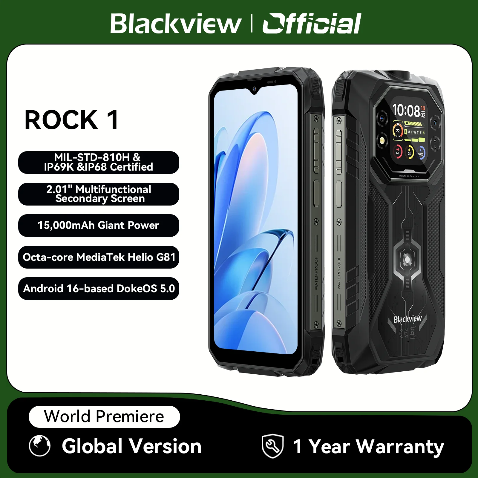 블랙뷰 ROCK 1 러기드 스마트폰, 6.56인치 90Hz 디스플레이, 8GB 램 256GB 저장용량, 15000mAh/33W, 미디어텍 헬리오 G81, 안드로이드 16 NFC