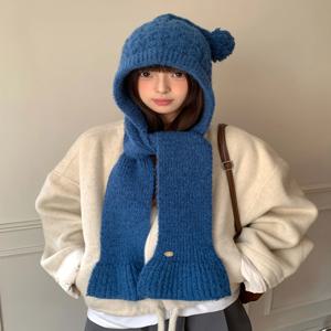 여성용 겨울 따뜻한 모자와 스카프를 위한 모직 한국식 파란색 니트 발라클라바