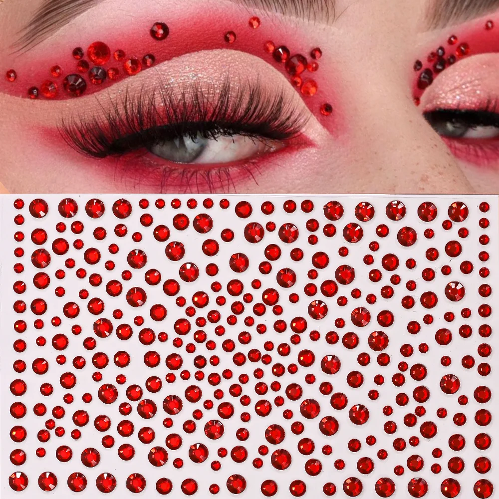 1Pcs 3D 붉은 보석 얼굴/눈 문신 스티커 일회용 반짝 이는 라인 석 자체 접착 스티커 파티 메이크업 무대 쇼 장식