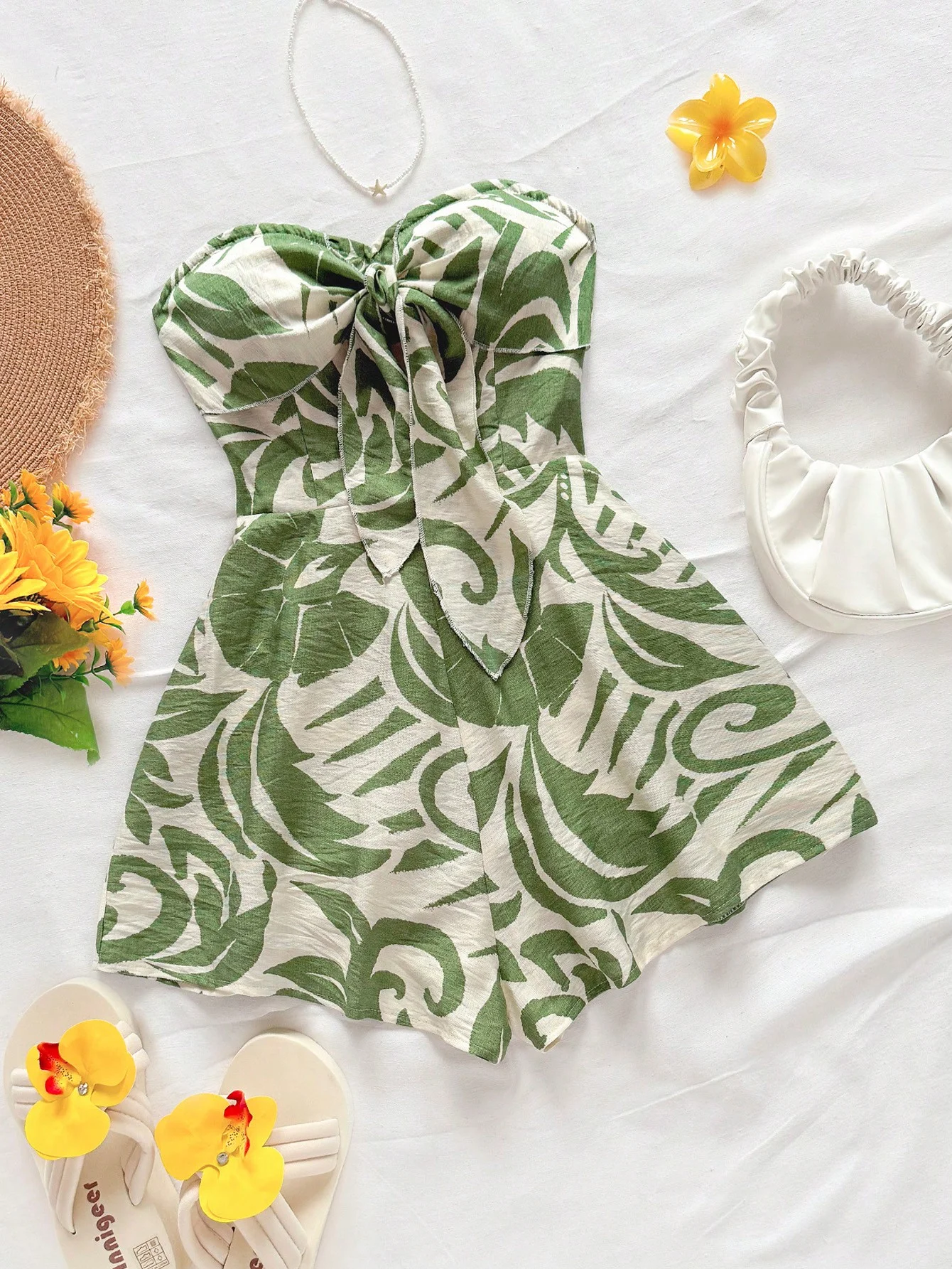 여성용 휴가 봄/여름 카니발 크루즈 파티 수채화 실루엣 프린트 레이스업 프론트 노트 루즈 스트랩리스 점프수트