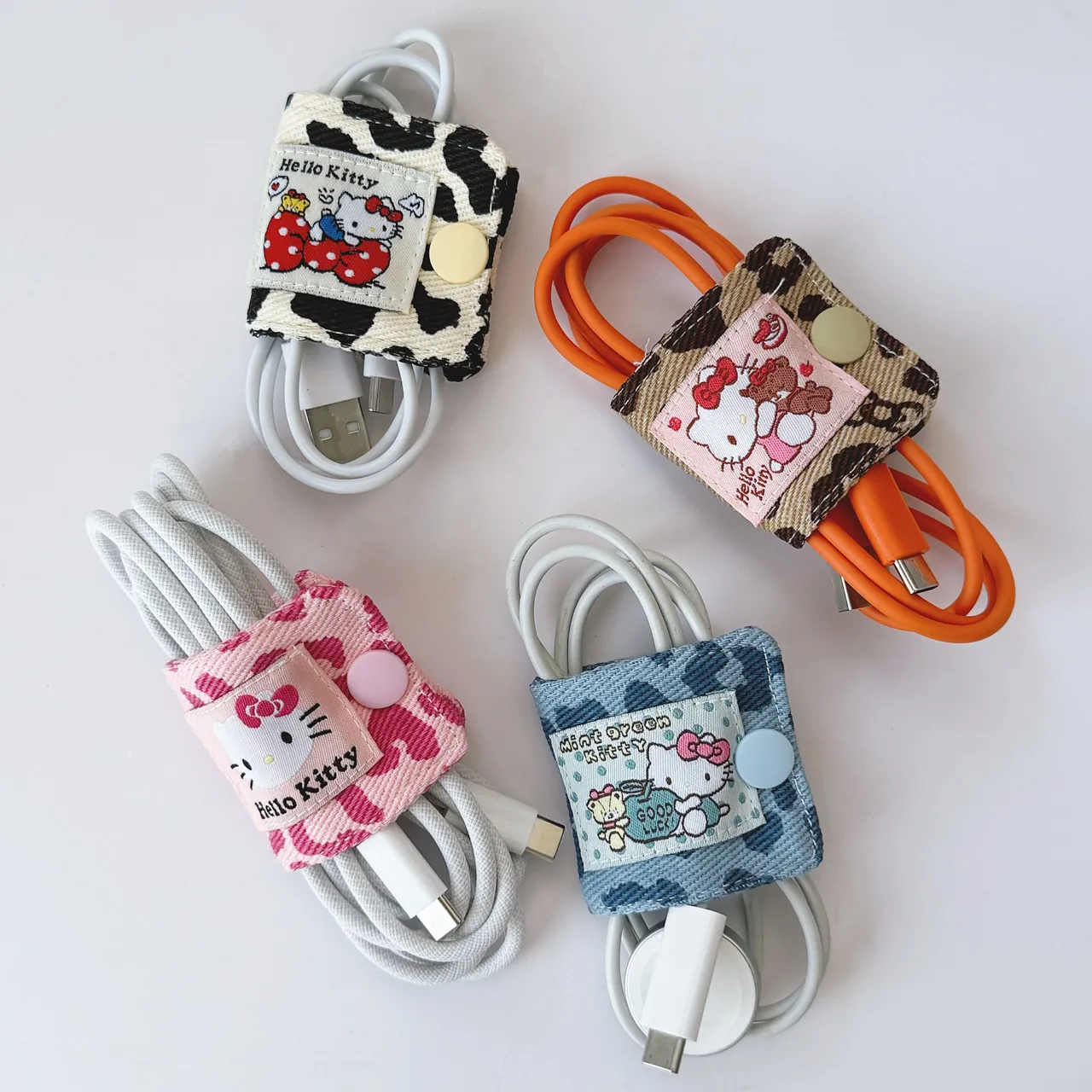 산리오 헬로키티 레오파드 프린트 데님 패브릭 데이터 케이블 보관 클립 충전 케이블 보관 가방 브러시 보관 소녀용 선물