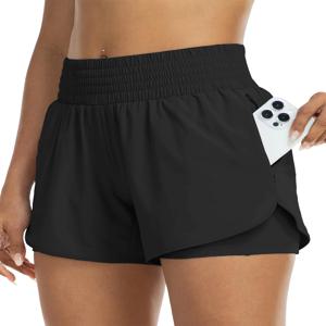 여성용 하이웨이스트 운동 반바지, 러닝, 요가, 레이어드 디자인, 노출 방지, 피트니스, 포켓 포함 운동용