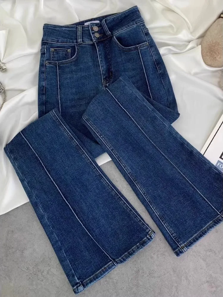 하이웨이스트 스트레치 플리스 안감 슬림핏 벨보텀 청바지 여성용 딥 블루 레트로 스타일 지퍼 여밈 통근용