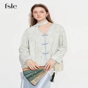 FSLE 모던 중국풍 여성 블레이저, 버튼 클로저, 띠, V넥, 패치워크 레이스 트림 아우터웨어, 2026년 봄 신상품