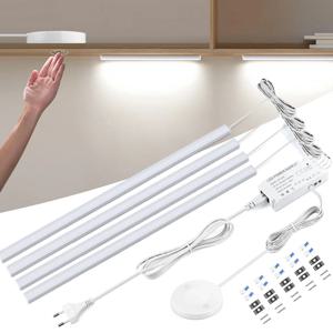 1-6PCS 세트 LED 캐비닛 바 램프 EU 220V 디밍이 가능한 터치/핸드 스윕 센서 스위치가 있는 통합 조명 25mm 보드 관통 가능