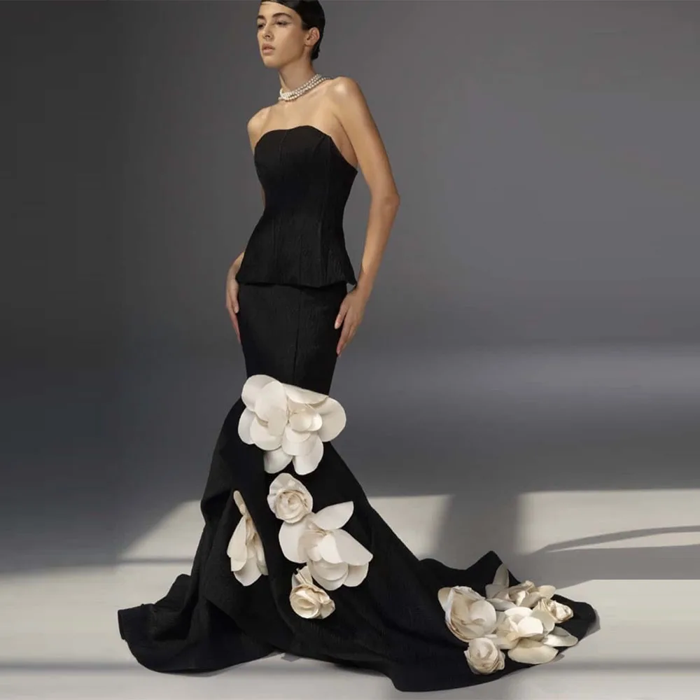 맞춤형 사우디 드레스 머메이드 스트랩리스 플로어 길이 이브닝 드레스 민소매 꽃 비즈 장식 웨딩 파티 드레스