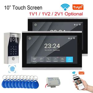 지문인식 5in1 잠금해제 WiFi 비디오 초인종 투야 스마트 4선 터치스크린 도어폰 홈 인터콤 시스템 1V1 1V2 2V1 선택 가능