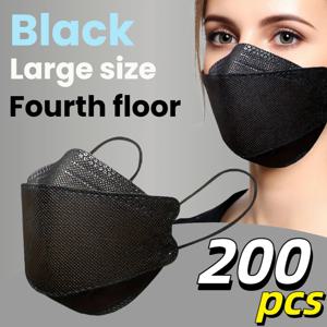 200개입/3D 잎 모양의 검정색 일회용 4겹 마스크, 얼굴 윤곽에 맞는 곡선 디자인, 두꺼운 탄성 이어 루프와 코 브릿지 클립 포함, 대량 구매 가능, 여행, 야외 활동, 일상 착용, 파티, 사무실 사용에 적합