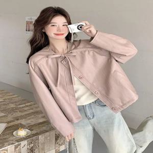 캐주얼 얇은 핑크 가죽 재킷 2026 한국 스타일 여성 아우터웨어 세련된 숏 코트 라펠 핀 장식 봄 시즌