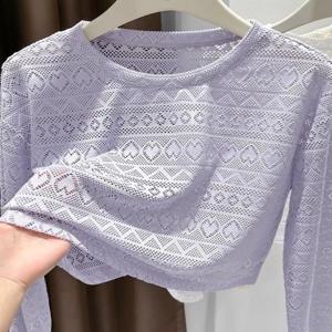 자외선 차단 레이스 긴팔 커버업 여성용 여름 메쉬 속이 비치는 스트랩 와이드 선쉐이드 페이스 베일 마스크 BOIVCN