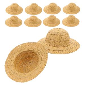10Pcs 미니어처 밀짚 모자 손으로 짠 공예 미니 탑 모자 DIY 인형 집 미니 액세서리 사진 소품 7Cm