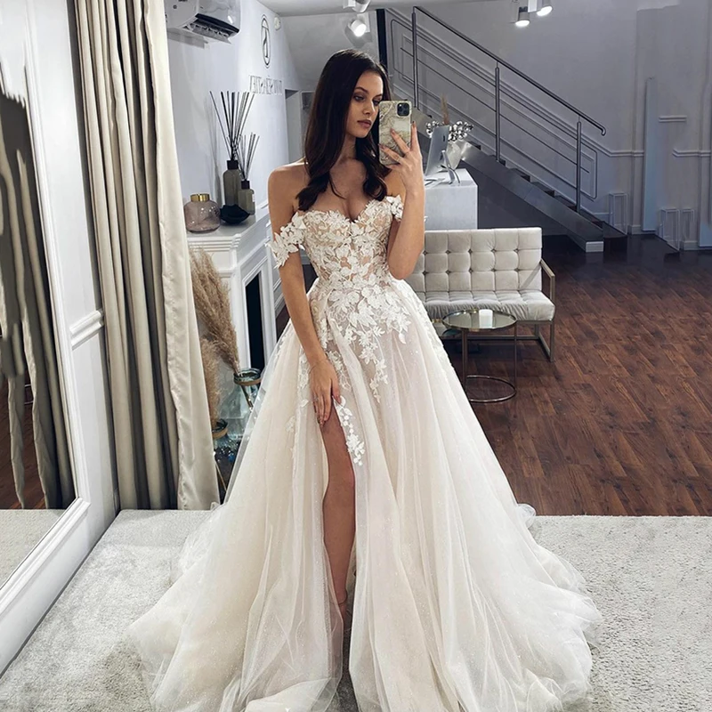 LORIE 레이스 웨딩 드레스 2022 오프 숄더 아가 목 신부 가운 사이드 분할 아플리케 CountryWeddingGown 맞춤형