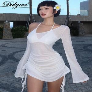 Dulzura 솔리드 스큐 칼라 셔링 스트랩 레이스 업 드로우 스트링 미니 드레스를 통해 볼 2023 여름 여성 파티 Clubwear 도매