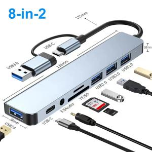 USB C 허브 USB 분배기 8 in 2 USB 확장기(4개의 USB 포트 포함) 1개의 USBC 포트 TF/SD 카드 리더기 MacBook와 호환되는 오디오 출력