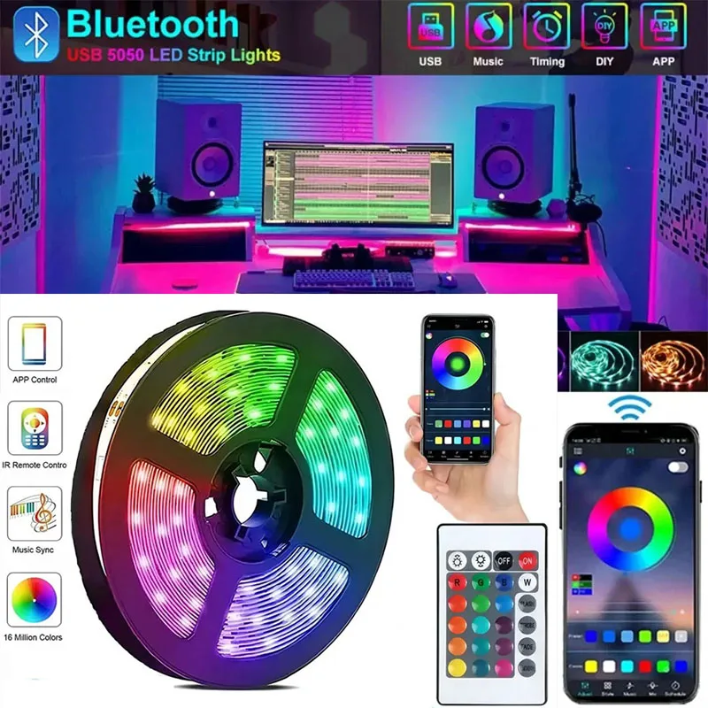 스마트 LED 스트립 조명 5050 RGB 블루투스 APP 원격 제어 USB 5V Led 테이프 다이오드 유연한 리본 램프 크리스마스 룸 장식